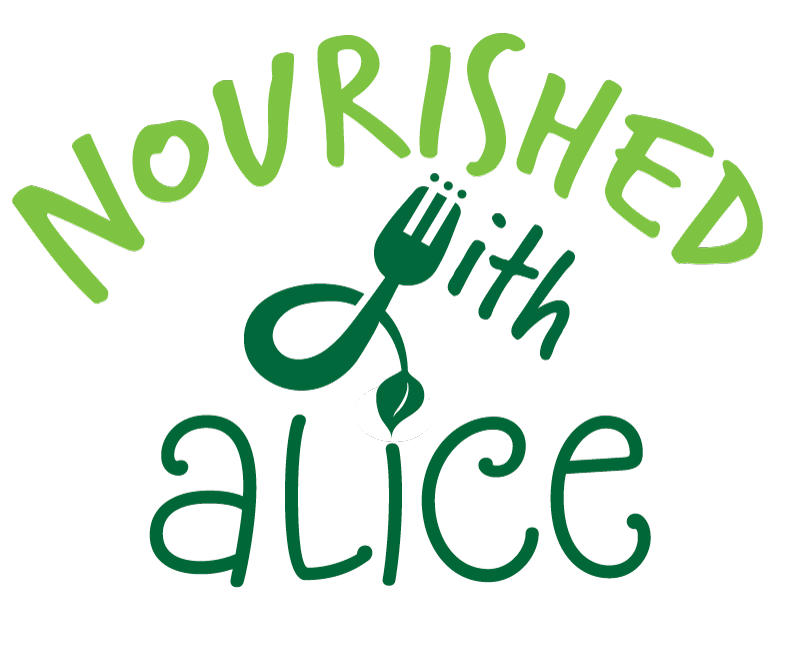 Nourished with Alice Logo - an illustration with a fork with a leaf.