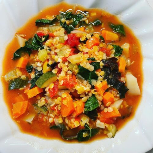 Hardy Red Lentil and Veggie Soup in a bowl.
