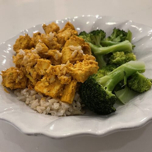 Vadouvan French Tofu Curry in a bowl with broccoli.